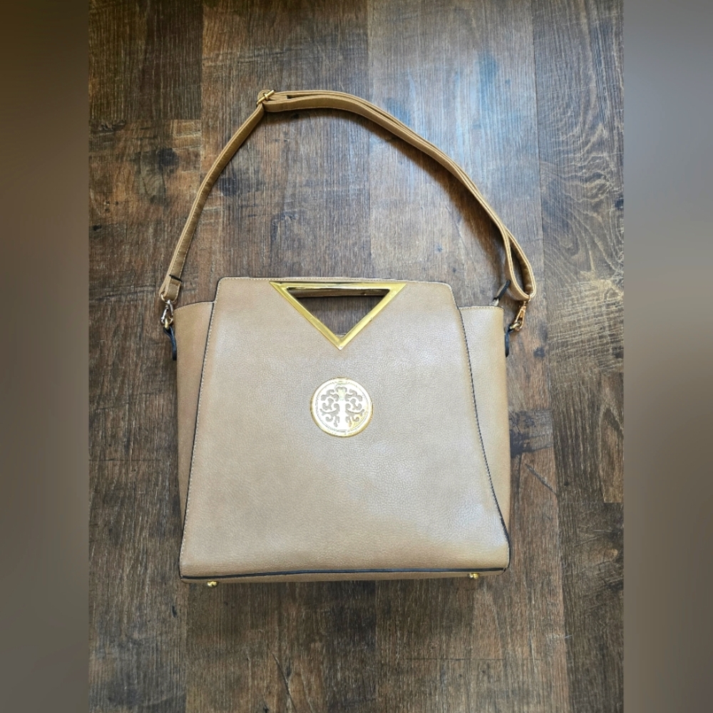 Tan Brown and Gold Purse Dasein- Convertible with Shoulder Strap Wuth Flaws.